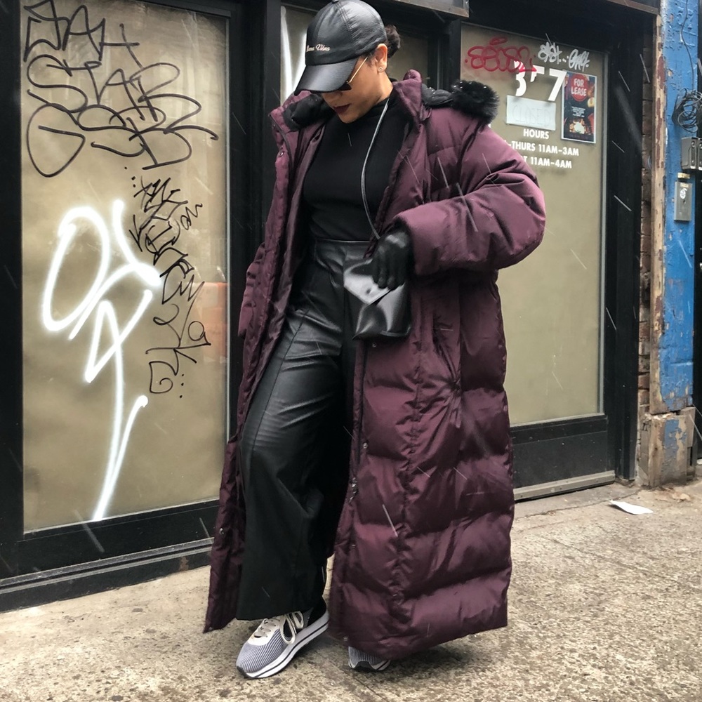 Faux fur Hooded floor length puffer coat zip snap winter jacket heavy duty